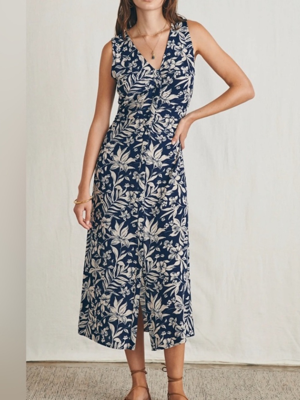 Faherty Sienna canopy Midi Dress Navy Beige Floral Print Size Large